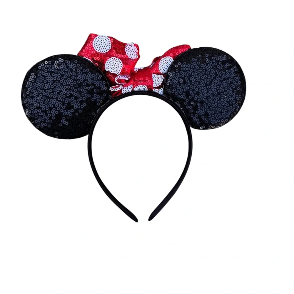 Disney Parks Minnie Mouse Classic Sequin Ears Headband Red Polka Dot Bow